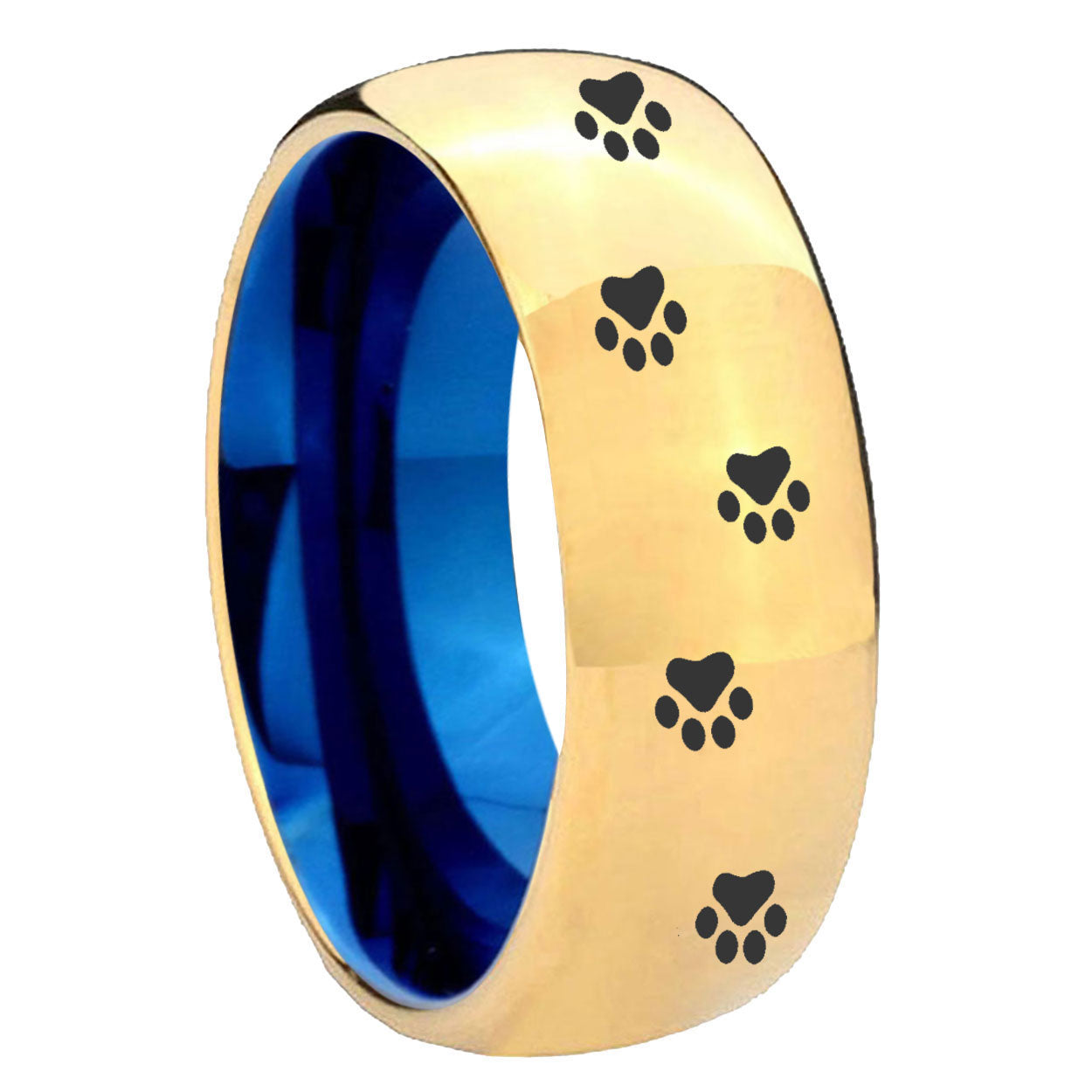 8mm Paw Print Dome Gold Blue Tungsten Carbide Wedding Ring