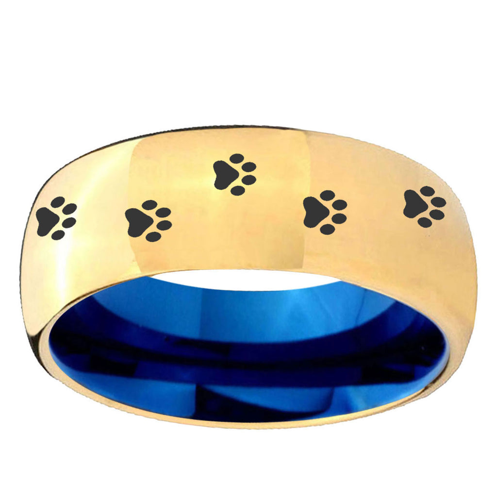 Paw Print Dome Gold Blue Tungsten Carbide Wedding Ring