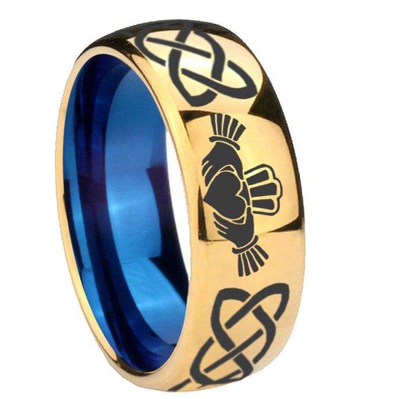 8mm-Irish-Claddagh-Dome-Gold-Blue-Tungsten-Carbide-Wedding-Ring