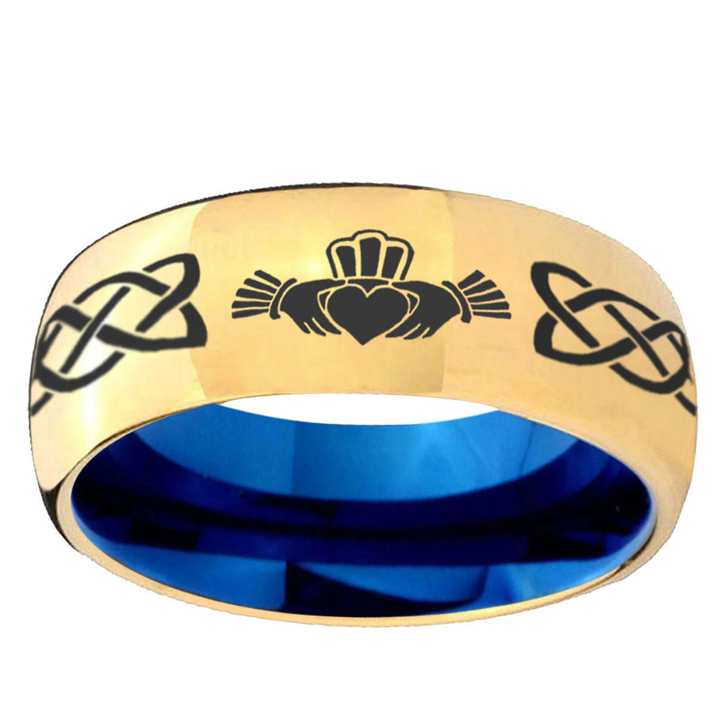 Irish Claddagh Dome Gold Blue Tungsten Carbide Wedding Ring