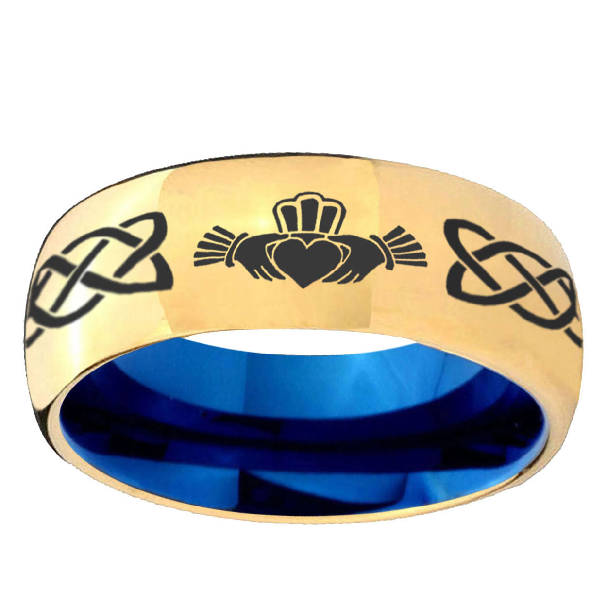 Irish Claddagh Dome Gold Blue Tungsten Carbide Wedding Ring