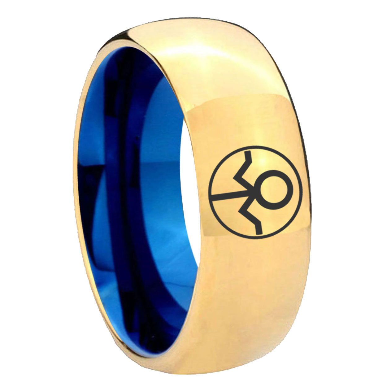 8mm Gray Lantern Dome Blue Gold Mens Engraved Wedding Bands