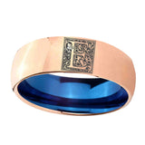 8mm-Dome-Rose-Gold-and-Blue-Tungsten--Memorial-Floral-Initial-Letter-E,-Monogram-Wedding-Band
