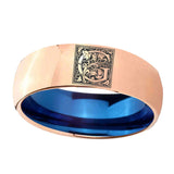 8mm-Dome-Rose-Gold-and-Blue-Tungsten--Memorial-Floral-Initial-Letter-G,-Monogram-Wedding-Band