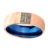 8mm-Dome-Rose-Gold-and-Blue-Tungsten--Memorial-Floral-Initial-Letter-I,-Monogram-Wedding-Band