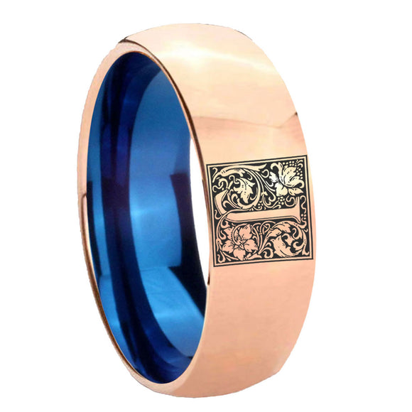 8mm-Dome-Rose-Gold-and-Blue-Tungsten--Memorial-Floral-Initial-Letter-J,-Monogram-Wedding-Band