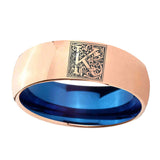 8mm-Dome-Rose-Gold-and-Blue-Tungsten--Memorial-Floral-Initial-Letter-K,-Monogram-Wedding-Band