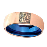 8mm-Dome-Rose-Gold-and-Blue-Tungsten--Memorial-Floral-Initial-Letter-L,-Monogram-Wedding-Band