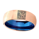 8mm-Dome-Rose-Gold-and-Blue-Tungsten--Memorial-Floral-Initial-Letter-S,-Monogram-Wedding-Band