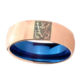 8mm-Dome-Rose-Gold-and-Blue-Tungsten--Memorial-Floral-Initial-Letter-V,-Monogram-Wedding-Band