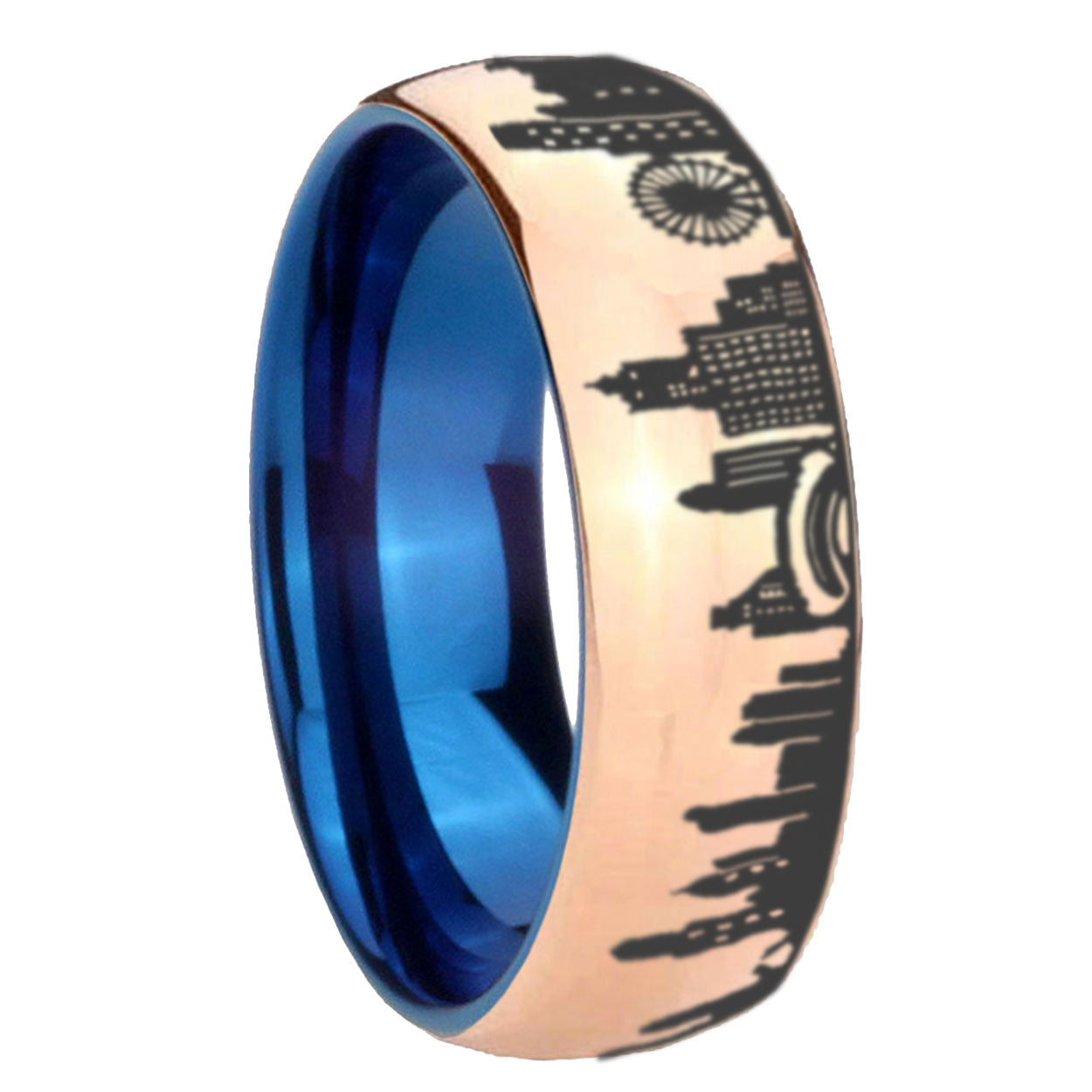 Chicago City Dome Polish Rose Gold Tungsten Blue Plated Ring
