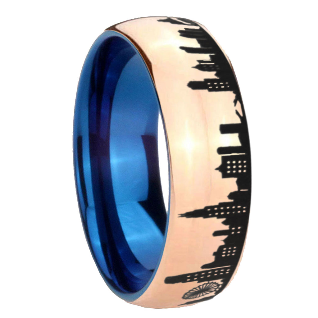 8MM Chicago City Dome Polish Rose Gold Tungsten Blue Plated Ring