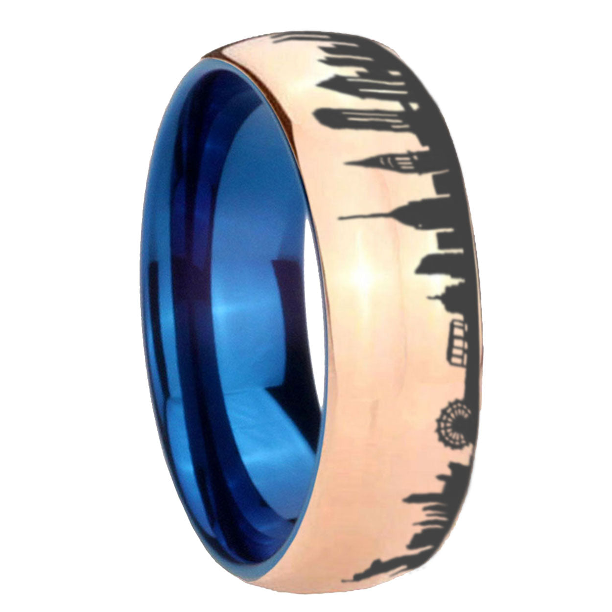 8MM NY New York City Dome Polish Rose Gold Tungsten Blue Ring