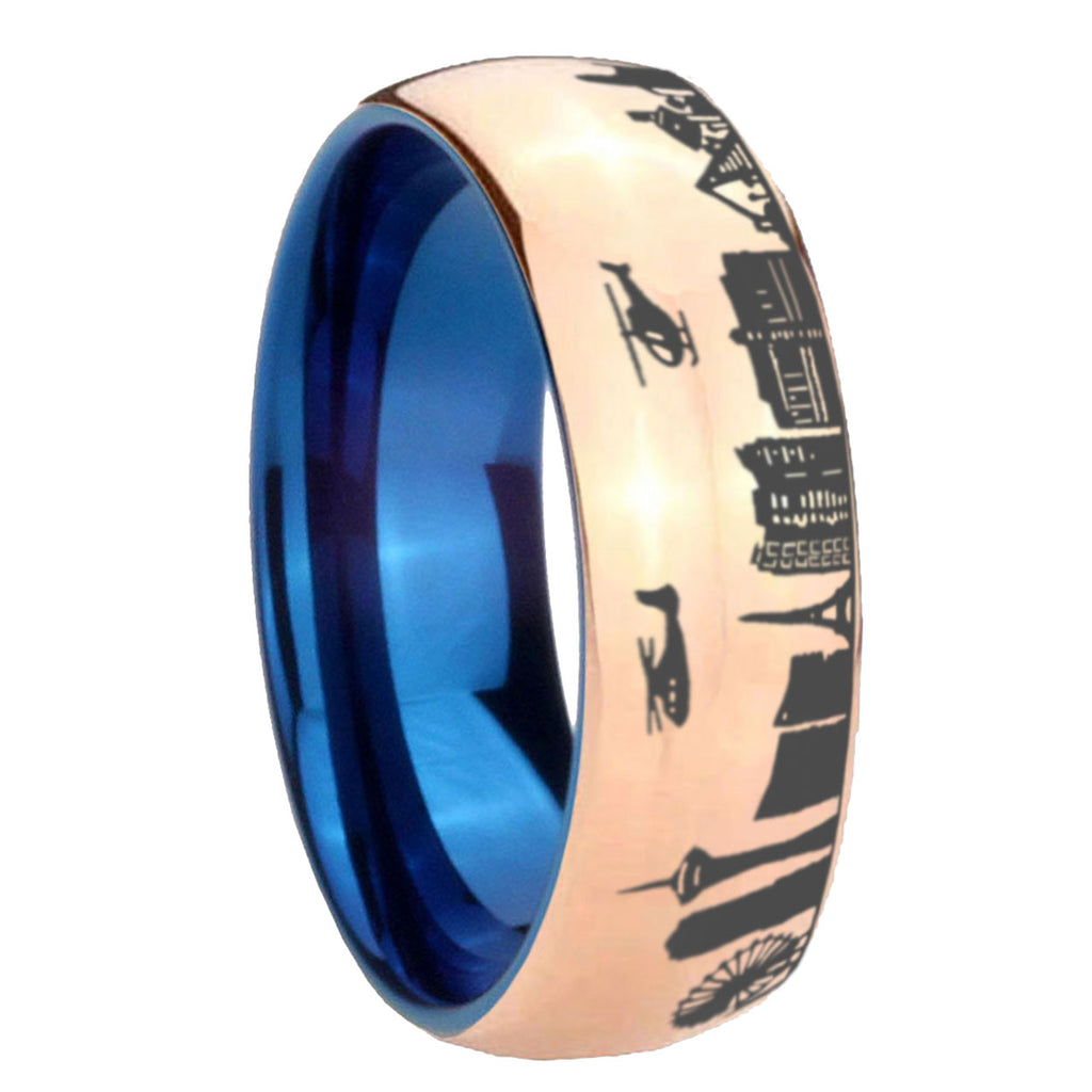 8MM LA Las Vegas City Dome Rose Gold Tungsten Blue Plated Ring