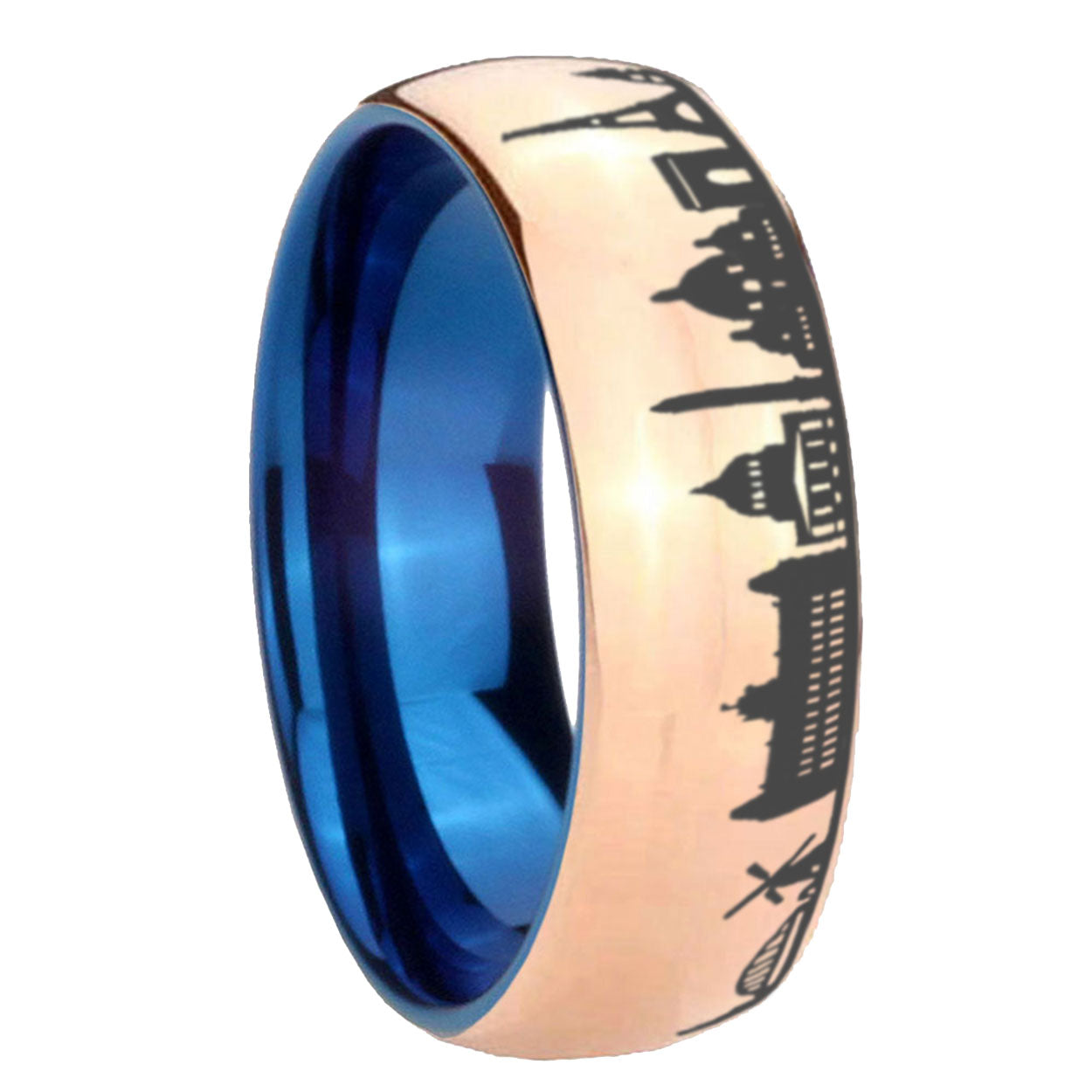 8MM France Paris City Dome Rose Gold Tungsten Blue Plated Ring