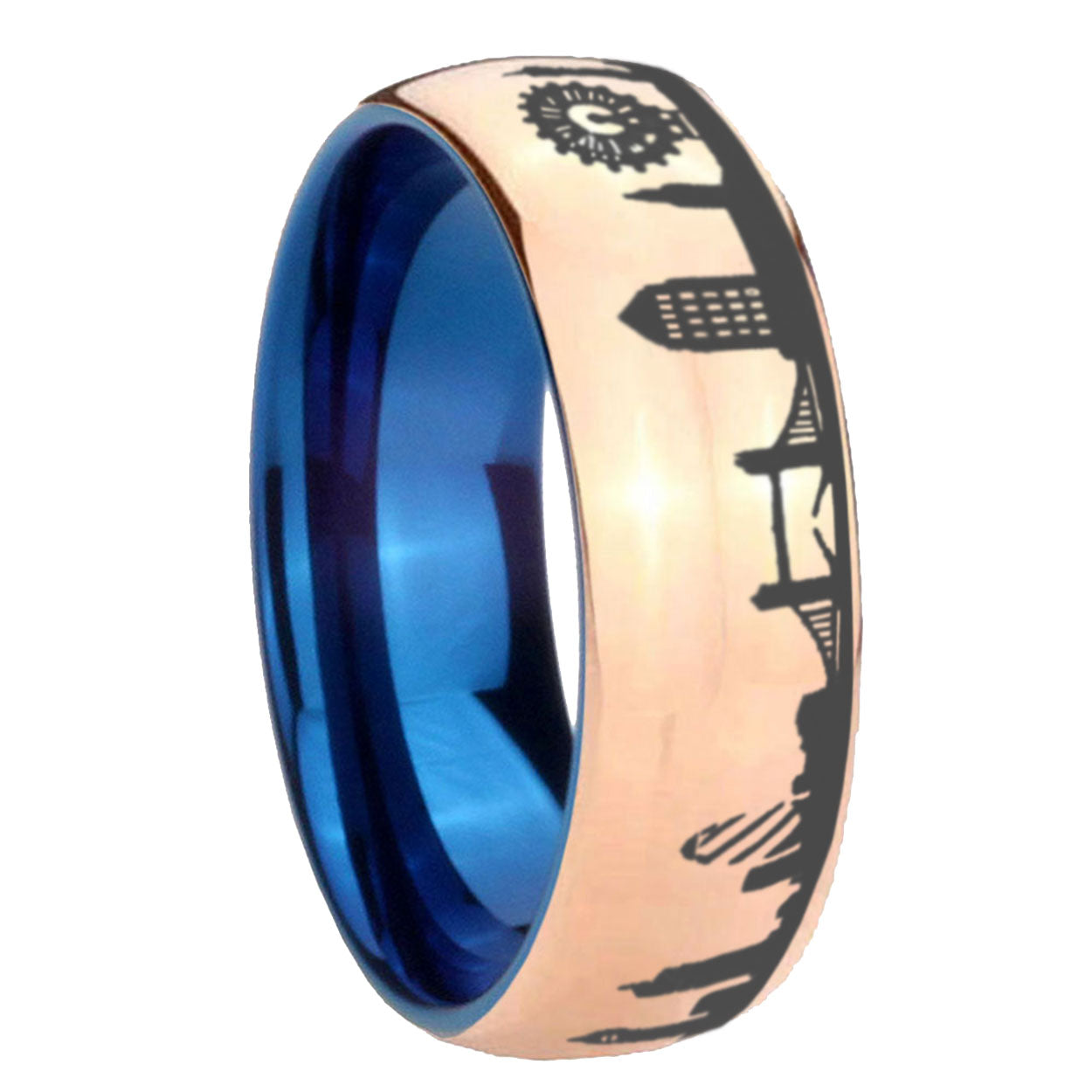 8MM UK London City Dome Polish Rose Gold Tungsten Blue Plated Ring