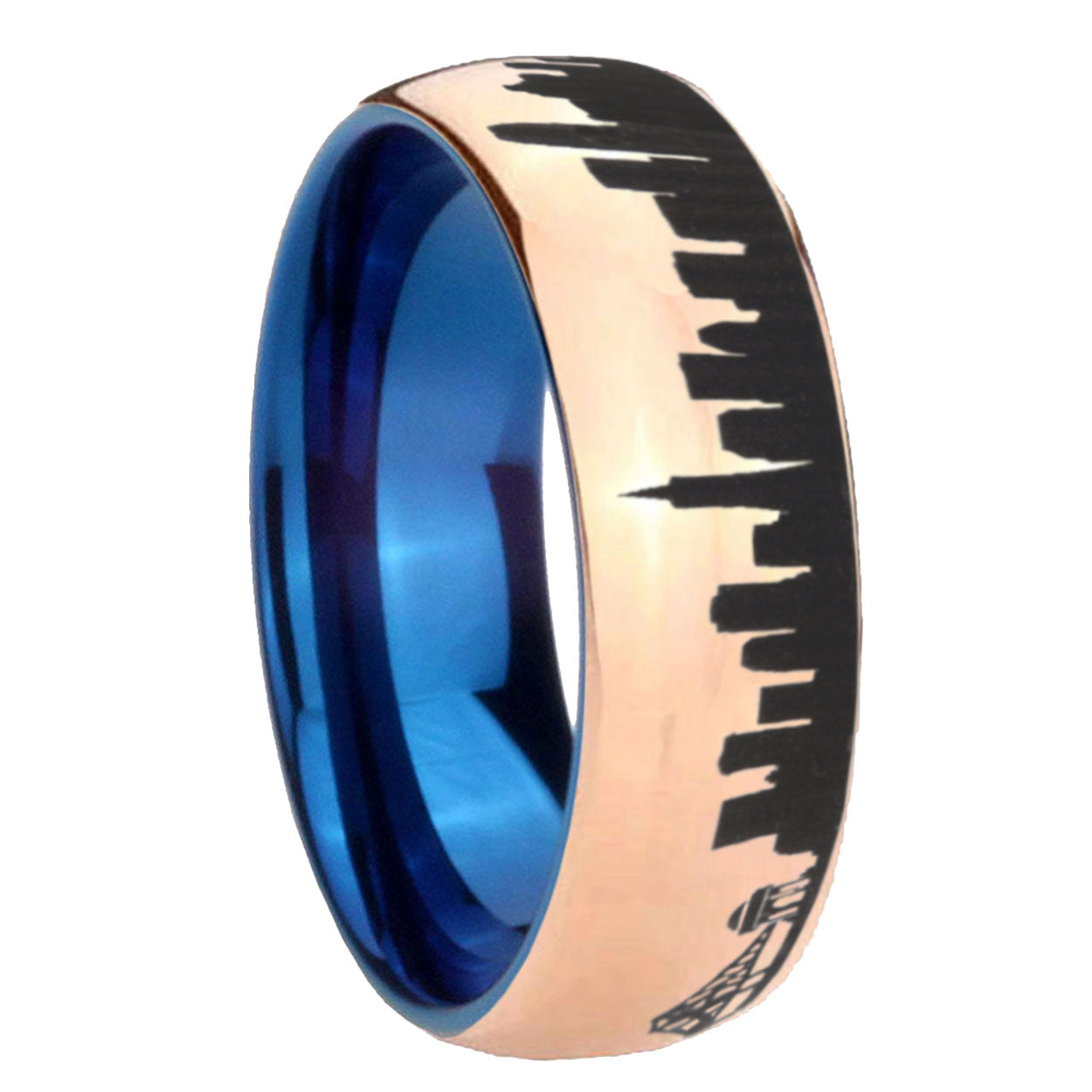 8MM CA San Francisco City Dome Rose Gold Tungsten Blue Plated Ring