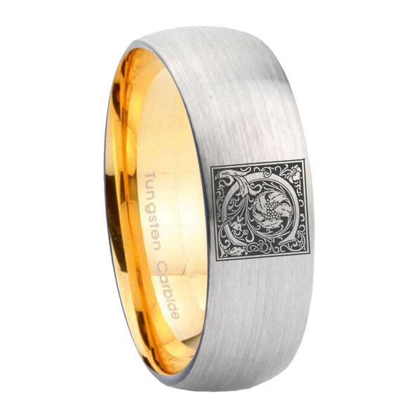 8mm-Dome-Gray-and-Gold-Tungsten--Floral-Initial-Letter-C,-Monogram-Wedding-Bands
