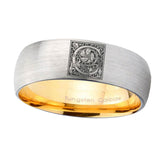 8mm-Dome-Gray-and-Gold-Tungsten--Floral-Initial-Letter-C,-Monogram-Wedding-Bands