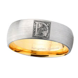 8mm-Dome-Gray-and-Gold-Tungsten--Floral-Initial-Letter-D,-Monogram-Wedding-Bands