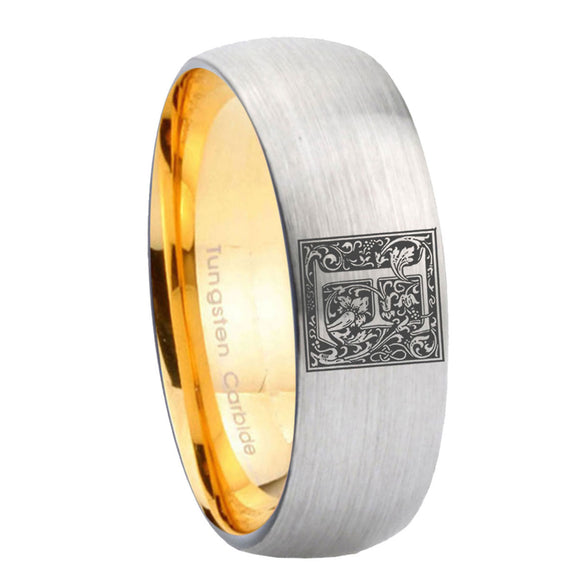 8mm-Dome-Gray-and-Gold-Tungsten--Floral-Initial-Letter-E,-Monogram-Wedding-Bands
