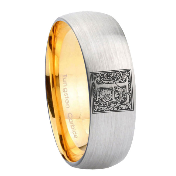 8mm-Dome-Gray-and-Gold-Tungsten--Floral-Initial-Letter-F,-Monogram-Wedding-Bands