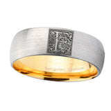 8mm-Dome-Gray-and-Gold-Tungsten--Floral-Initial-Letter-F,-Monogram-Wedding-Bands