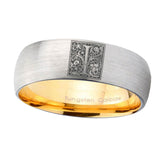 8mm-Dome-Gray-and-Gold-Tungsten--Floral-Initial-Letter-I,-Monogram-Wedding-Bands