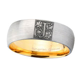 8mm-Dome-Gray-and-Gold-Tungsten--Floral-Initial-Letter-J,-Monogram-Wedding-Bands