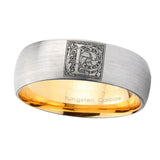 8mm-Dome-Gray-and-Gold-Tungsten--Floral-Initial-Letter-L,-Monogram-Wedding-Bands