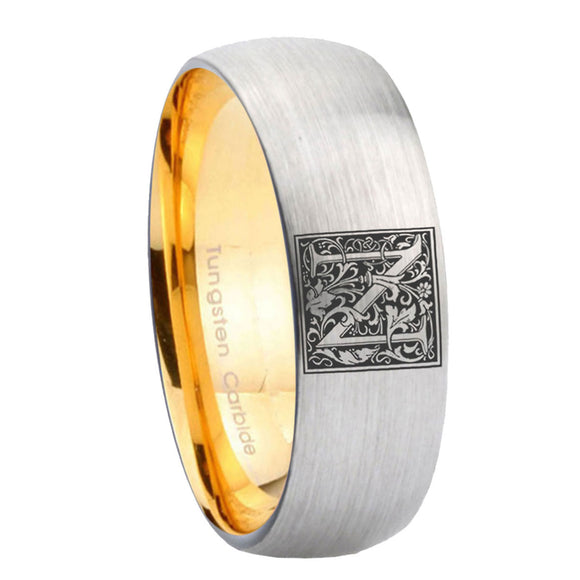 8mm-Dome-Gray-and-Gold-Tungsten--Floral-Initial-Letter-N,-Monogram-Wedding-Bands