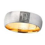 8mm-Dome-Gray-and-Gold-Tungsten--Floral-Initial-Letter-P,-Monogram-Wedding-Bands
