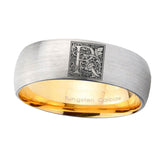 8mm-Dome-Gray-and-Gold-Tungsten--Floral-Initial-Letter-R,-Monogram-Wedding-Bands