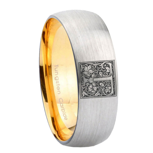 8mm-Dome-Gray-and-Gold-Tungsten--Floral-Initial-Letter-T,-Monogram-Wedding-Bands