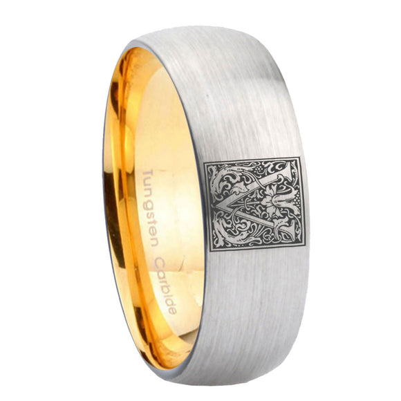 8mm-Dome-Gray-and-Gold-Tungsten--Floral-Initial-Letter-V,-Monogram-Wedding-Bands
