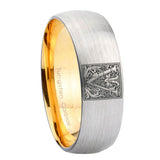 8mm-Dome-Gray-and-Gold-Tungsten--Floral-Initial-Letter-V,-Monogram-Wedding-Bands