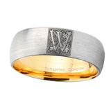 8mm-Dome-Gray-and-Gold-Tungsten--Floral-Initial-Letter-W,-Monogram-Wedding-Bands
