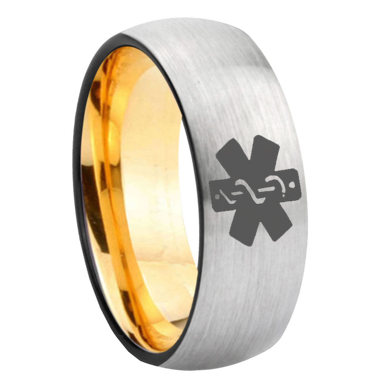 8mm Medical Alert Dome Silver Gold Tungsten Anniversary Ring