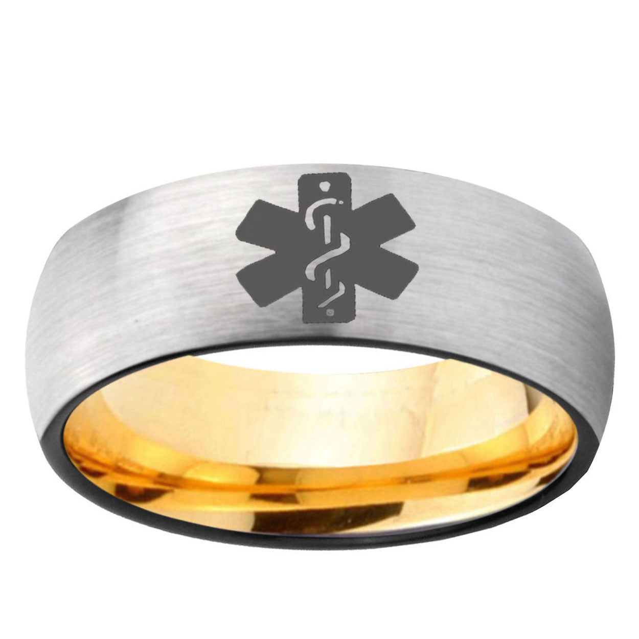 Medical Alert Dome Silver Gold Tungsten Anniversary Ring