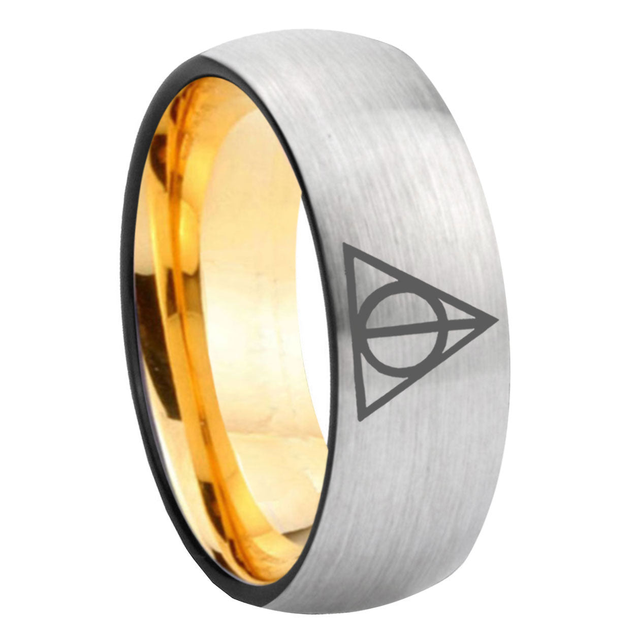 8mm Deathly Hallows Dome Silver Gold Tungsten Anniversary Ring