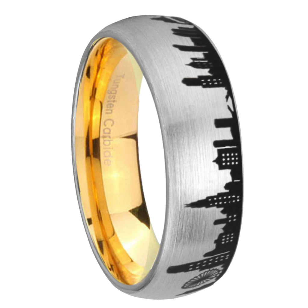 8MM Chicago City Dome Brushed Gray Tungsten Gold Plated Ring