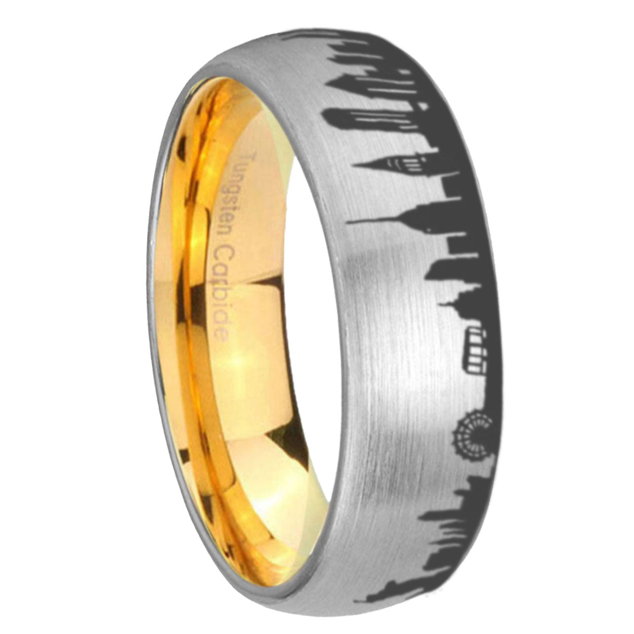 8MM NY New York City Dome Brushed Gray Tungsten Gold Custom Ring