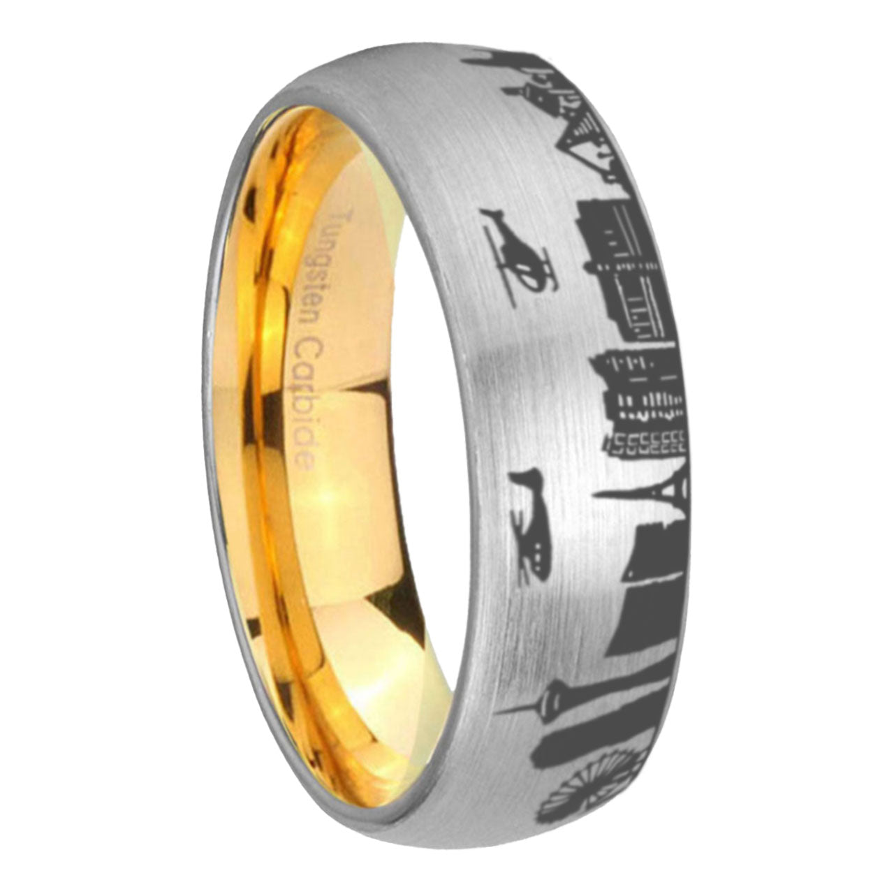 8MM LA Las Vegas City Dome Brushed Gray Tungsten Gold Custom Ring