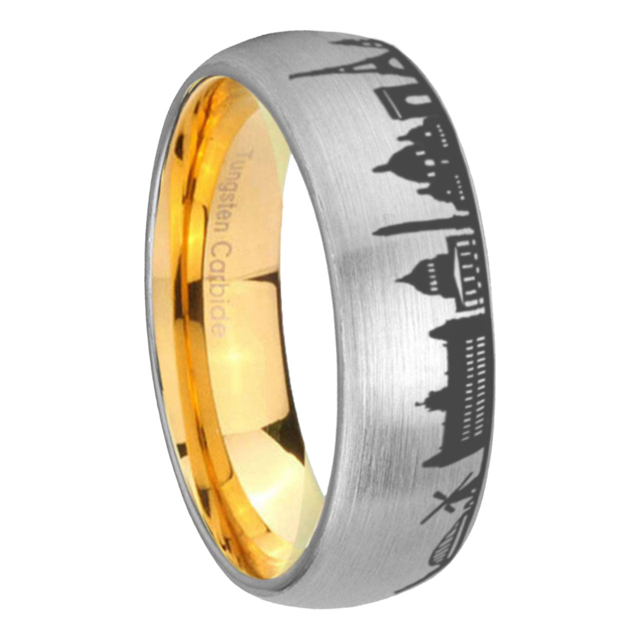 8MM France Paris City Dome Brushed Gray Tungsten Gold Custom Ring