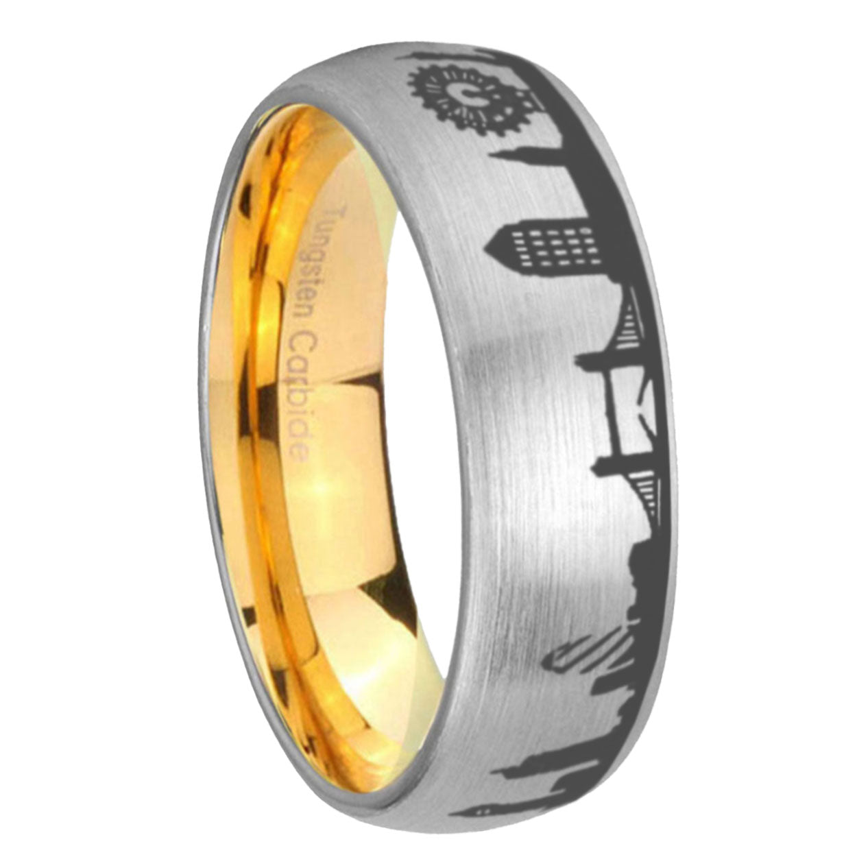 8MM UK London City Dome Brushed Gray Tungsten Gold Plated Ring