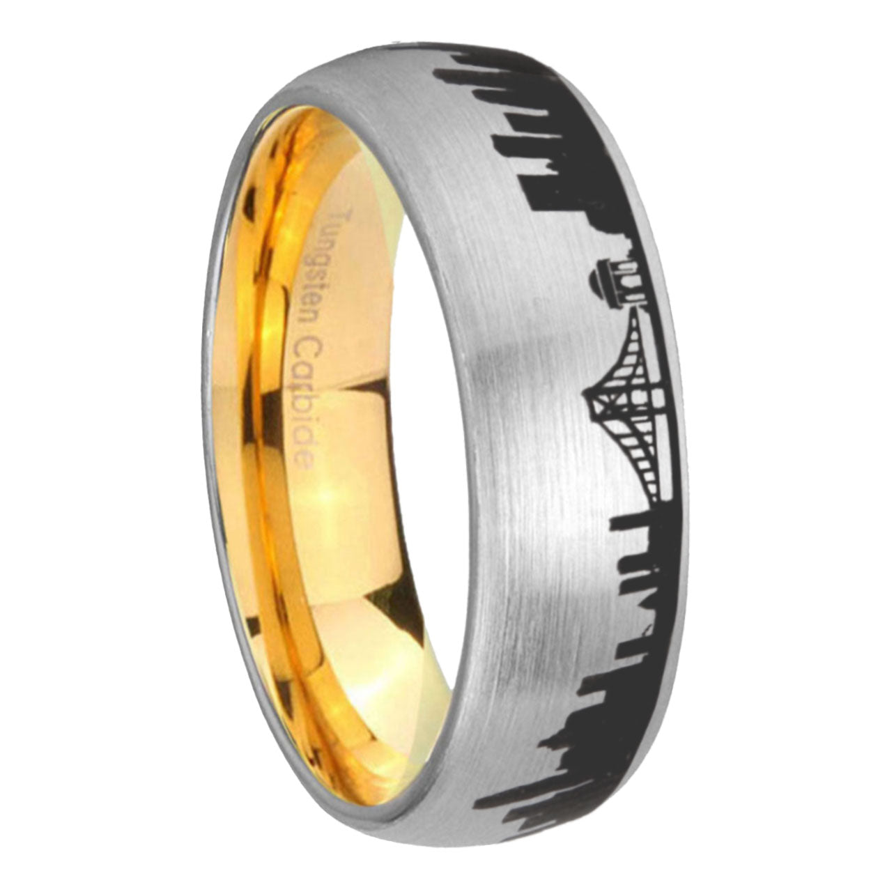 CA San Francisco City Dome Brushed Gray Tungsten Gold Ring