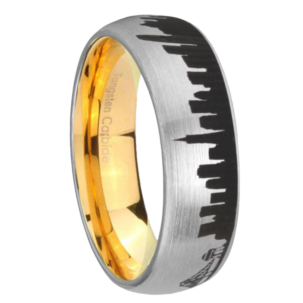 8MM CA San Francisco City Dome Brushed Gray Tungsten Gold Ring