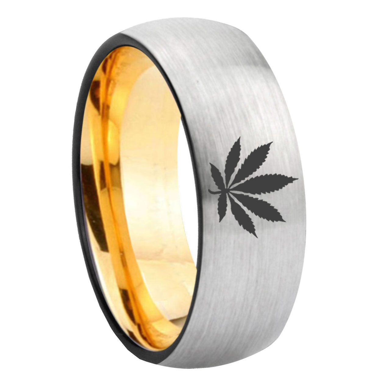 8mm Marijuana Leaf Dome Silver Gold Tungsten Anniversary Ring