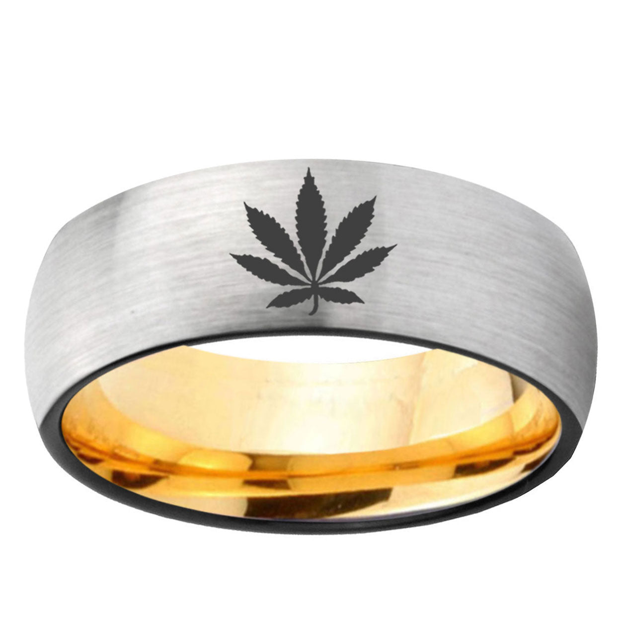 Marijuana Leaf Dome Silver Gold Tungsten Anniversary Ring