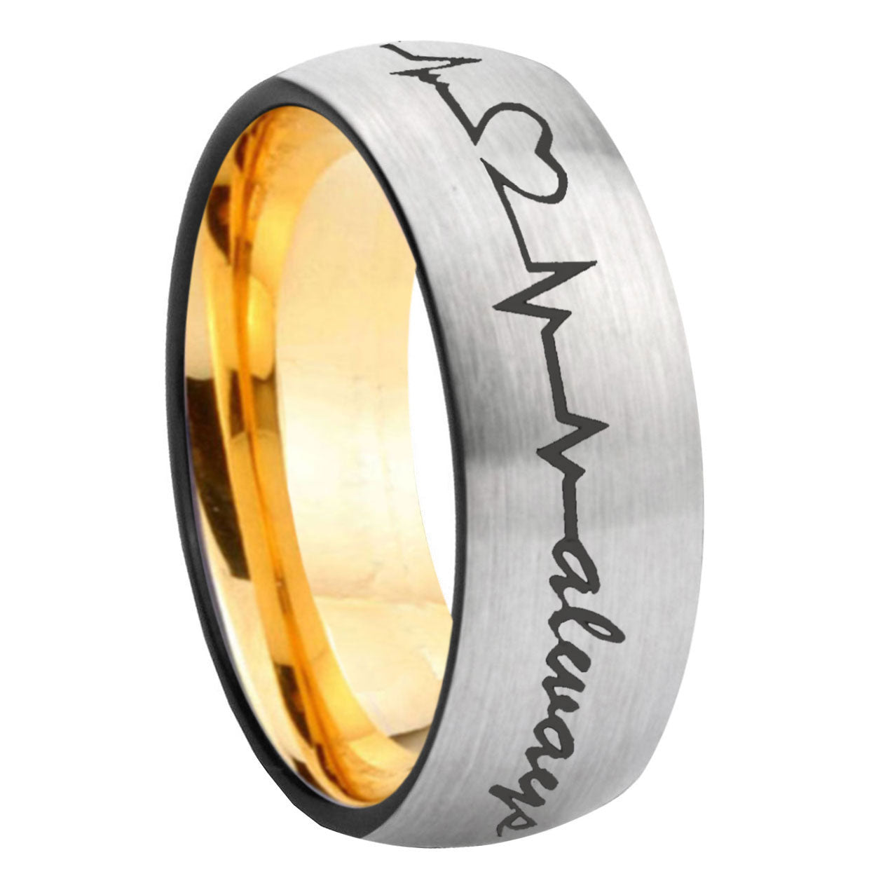 8mm Heart Beat forever Heart always Dome Silver Gold Tungsten Ring